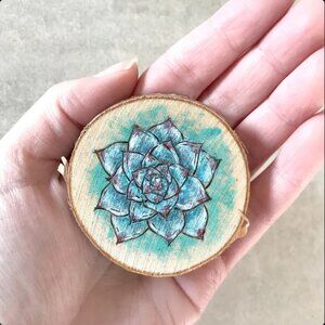 Blue Succulent Tiny Acrylic Painting on Birch Slice Art Artwork Plant Botanical